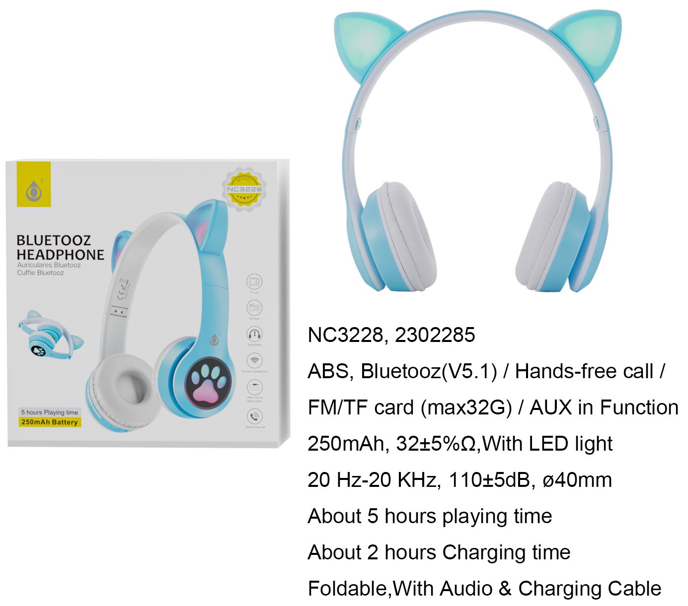 AURICULAR ONE+ NC3228 INFANTIL BT GATO AZUL       