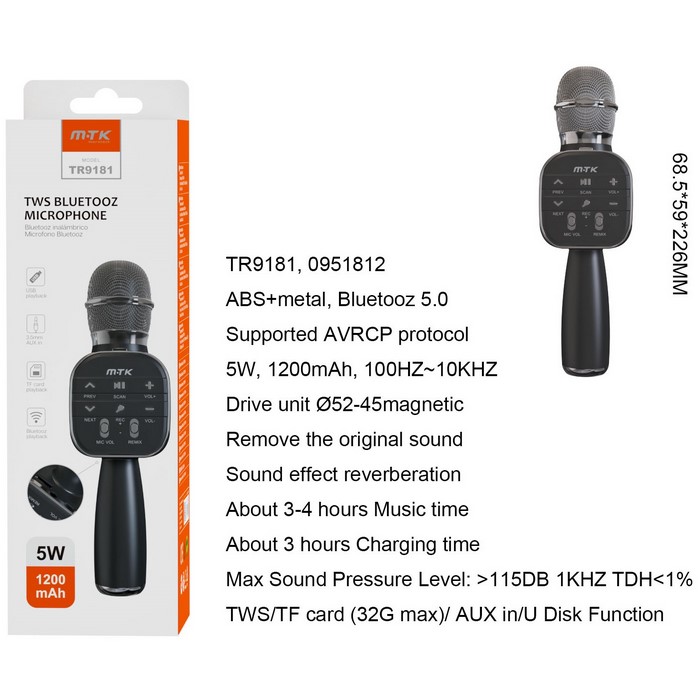 MICROFONO MTK TR9181 TWS, BT, USB, KARAOKE, NEGRO 