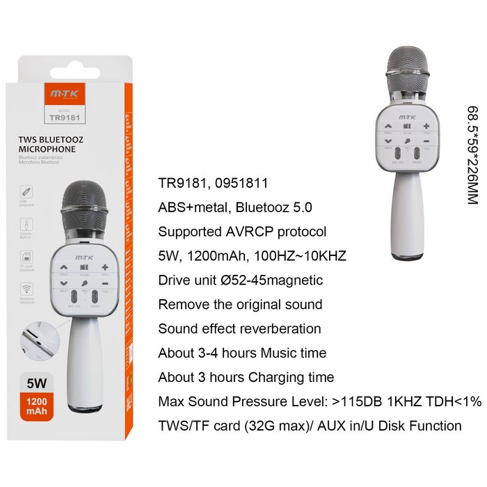 MICROFONO MTK TR9181 TWS, BT, USB, KARAOKE, BLANCO