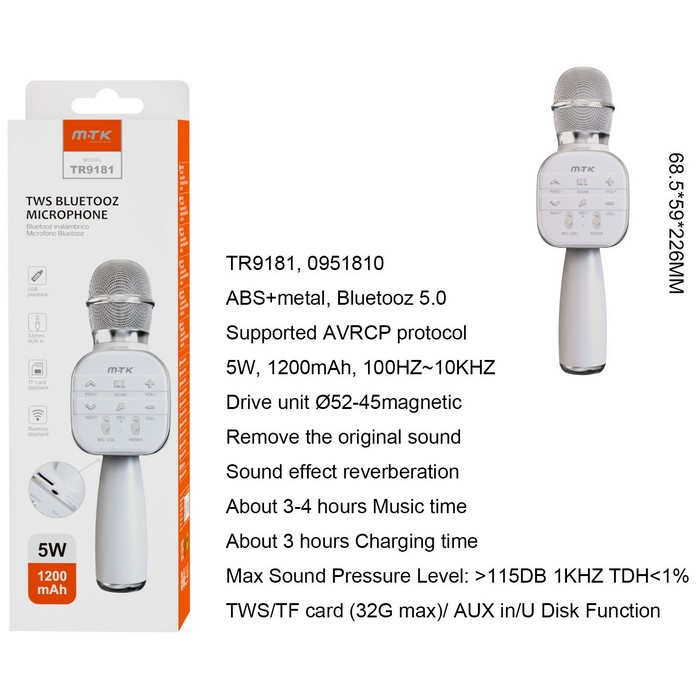 MICROFONO MTK TR9181 TWS, BT, USB, KARAOKE, PLATA 