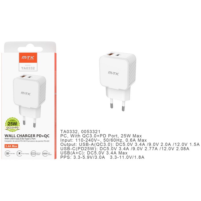 ADAPTADOR MTK TA0332, 1 TIPO-C, 1 USB, 25W        
