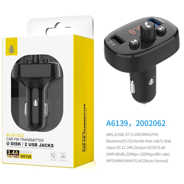 TRANSMISOR PARA COCHE ONE+ A6139 BT, 2 USB 3.4A   