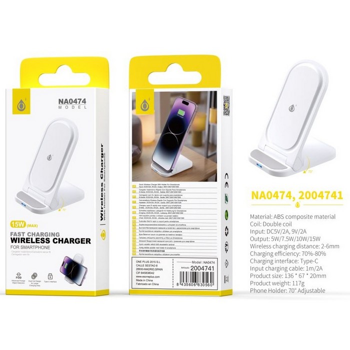 CARGADOR INALAMBRICO ONE+ NA0474 15W CON SOPORTE  