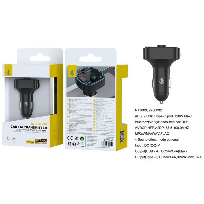 TRANSMISOR PARA COCHE ONE+ NT7009 BT USB-A / USB-C